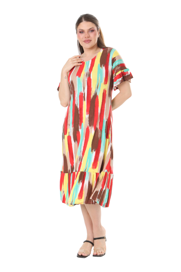 Melsay Butik Fırfırlı Cepli Sarı Yağlıboya Desenli Kısa Kollu Midi Elbise - Image 1