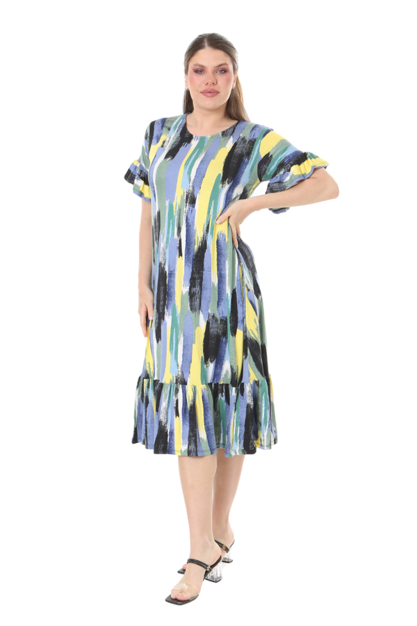 Melsay Butik Fırfırlı Cepli Mavi Yağlıboya Desenli Kısa Kollu Midi Elbise - Image 1