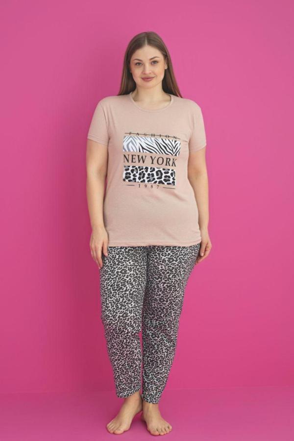 X-Dreamy Büyük Beden Pamuklu Leopar Desenli Kısa Kollu Pijama Takımı - Image 1