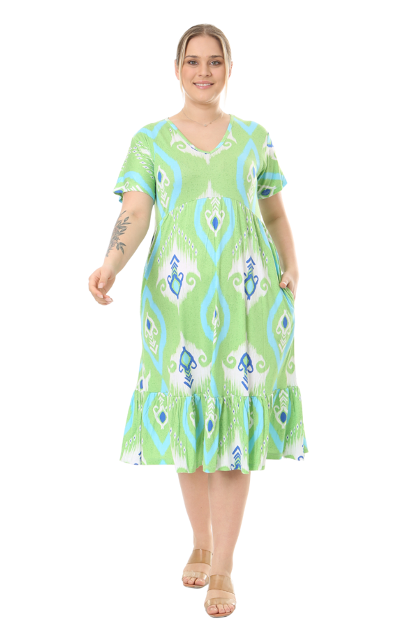 Melsay Butik Göğüsten Robalı V Yaka Kısa Kollu Yeşil Motif Desenli Cepli Elbise - Image 1