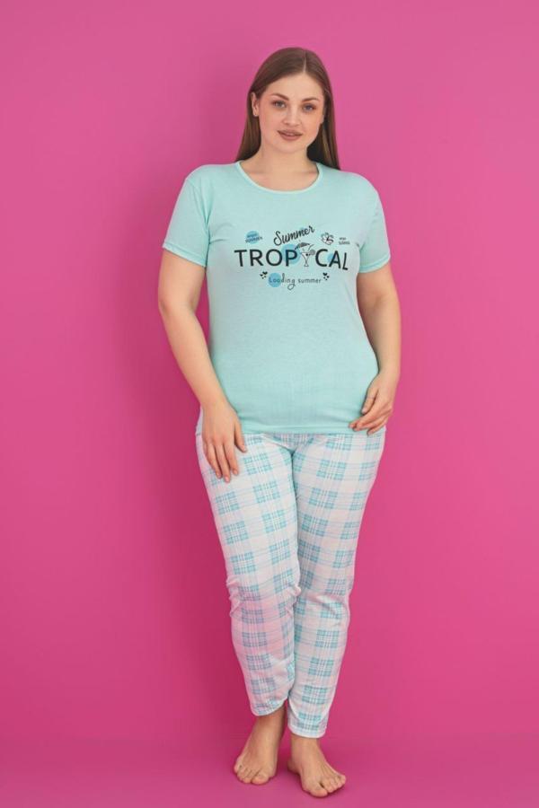 X-Dreamy Büyük Beden Pamuklu Ekose Kareli Kısa Kollu Pijama Takımı - Image 1