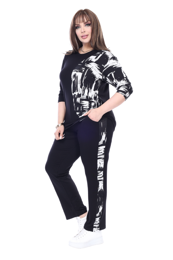 Melsay Butik Siyah Truvakar Kol Yarım Fırça Garnili Viskon Büyük Beden Takım - Image 1