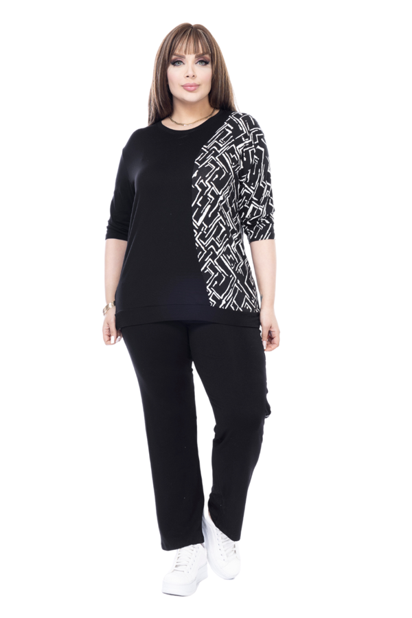Melsay Butik Siyah Truvakar Kol Yarım Zigzag Garnili Viskon Büyük Beden Takım - Image 1