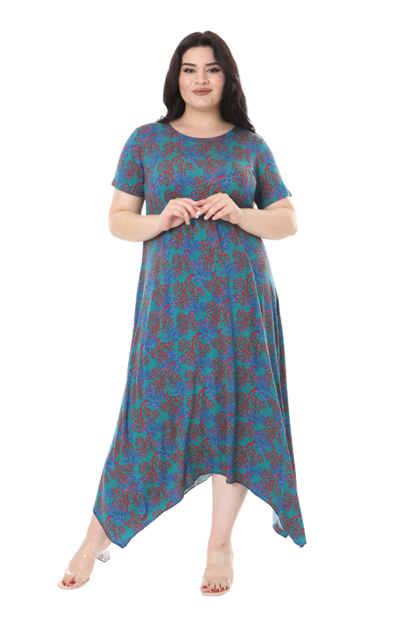 Melsay Butik Mavi Kırmızı Mercan Desen Asimetrik Kısa Kollu Elbise - Image 1