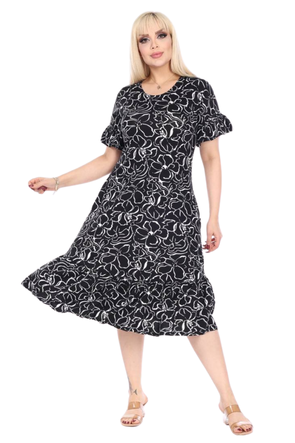 Melsay Butik Fırfırlı Kısa Kollu Siyah Çiçek Desenli Cepli Elbise - Image 1