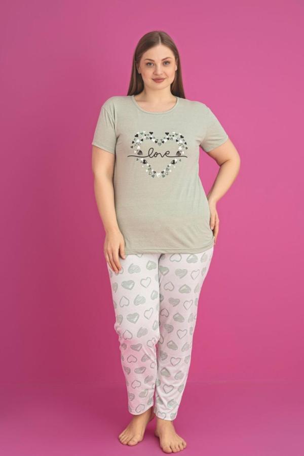 X-Dreamy Büyük Beden Pamuklu Kalp Desenli Kısa Kollu Pijama Takımı - Image 1