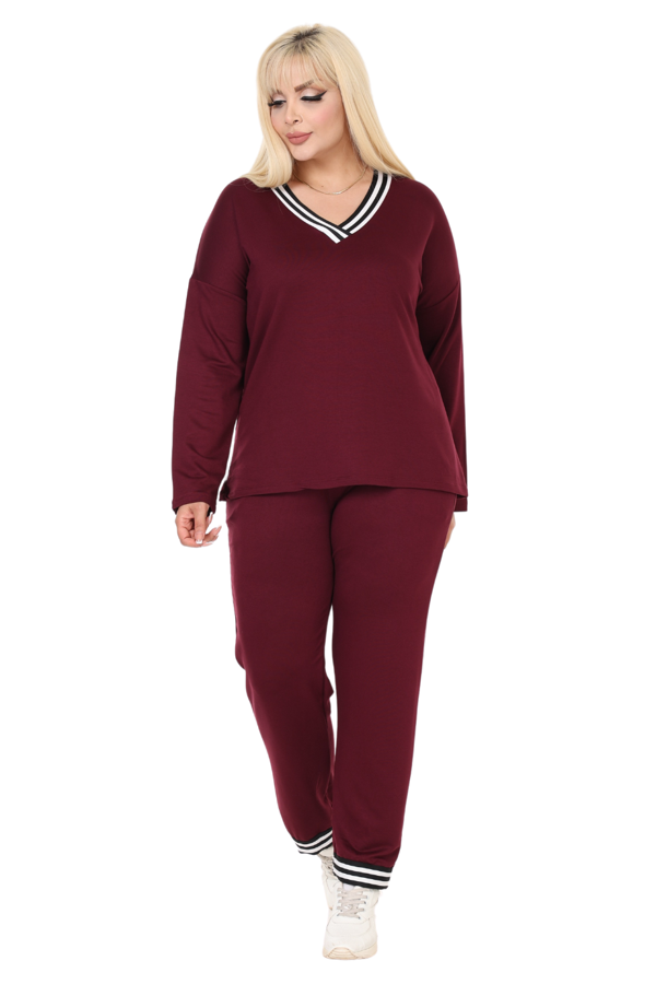Melsay Butik Bordo V Yaka Yakası Şerit Detaylı Eşofman Takımı - Image 1