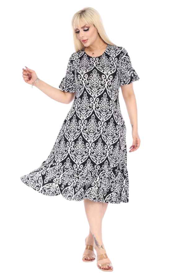 Melsay Butik Fırfırlı Kısa Kollu Beyaz Dantel Desenli Cepli Midi Elbise - Image 1