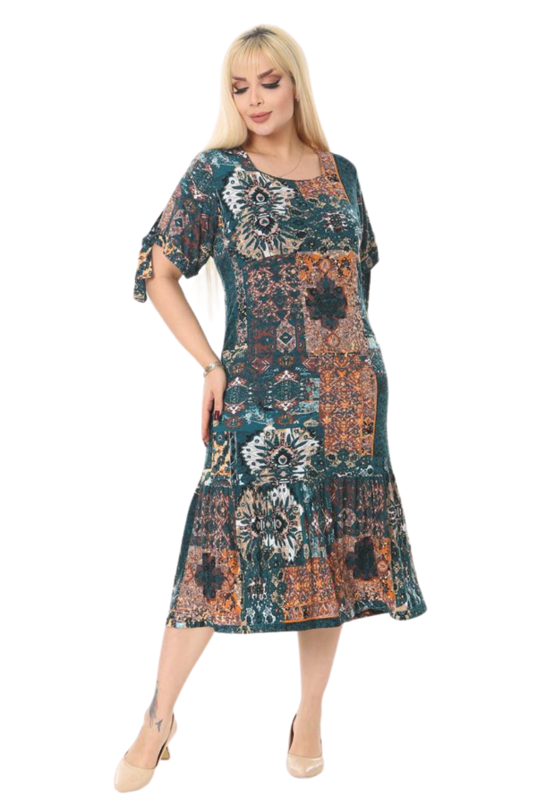 Melsay Butik Petrol Etnik Desen Kolları Bağlamalı Kısa Kollu Kadın Midi Elbise - Image 1