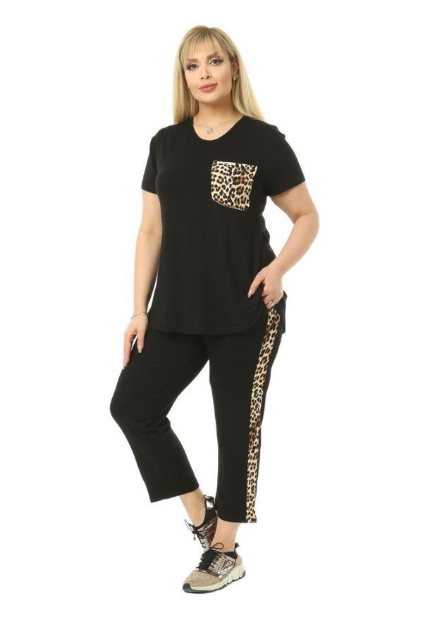 Melsay Butik Siyah Leopar Cep Büyük Beden Kadın Kapri Takımı - Image 1