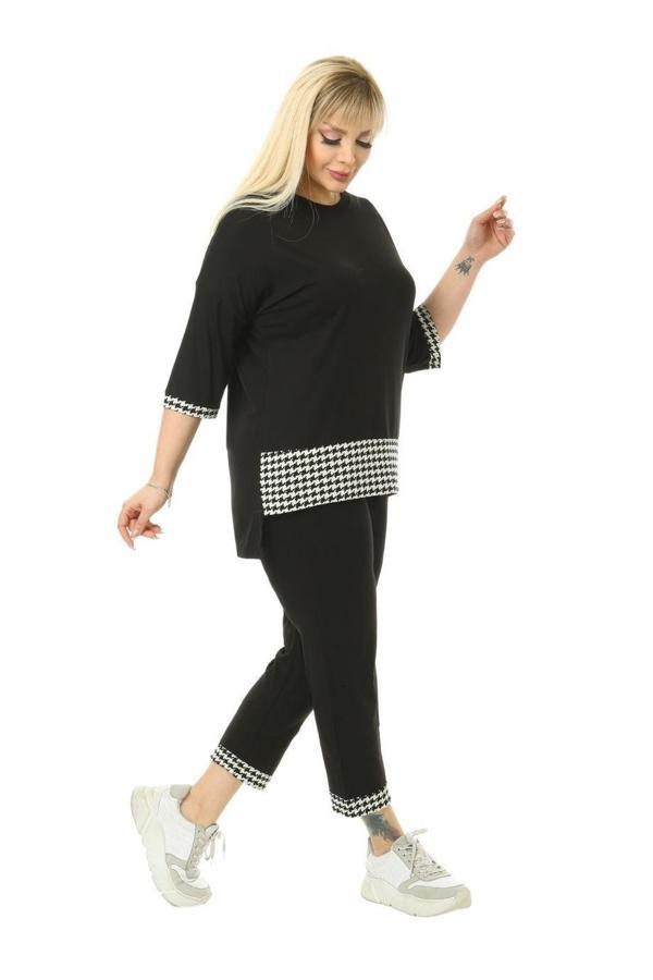 Melsay Butik Siyah Kazayağı Şeritli Büyük Beden Kadın Kapri Takımı - Image 1