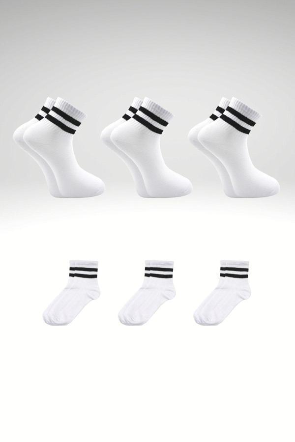 Unisex Siyah 2 Çizgili Beyaz Yarım Konç Tenis Çorap Kolej 3'lü Paket - Image 1