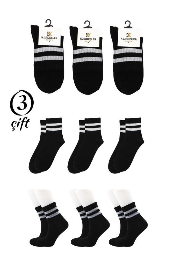 Unisex Beyaz 2 Çizgili Siyah Yarım Konç Tenis Çorap Kolej 3'lü Paket - Image 1