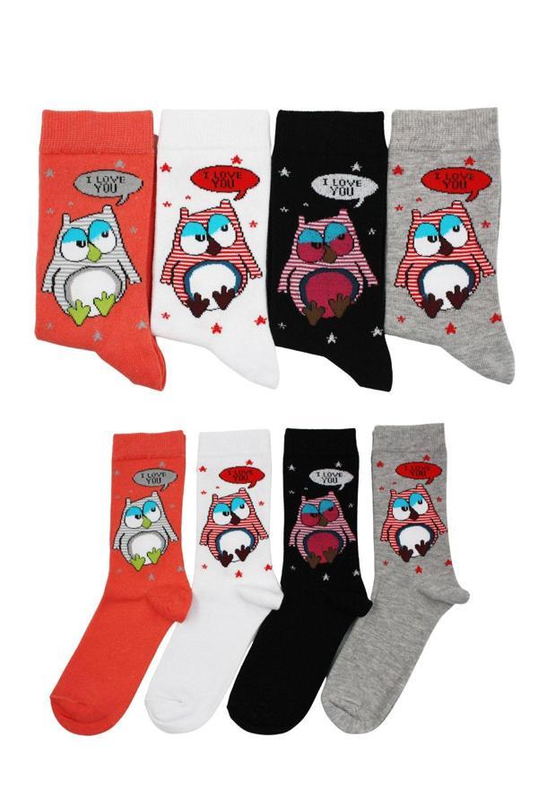 Unisex Baykuş Desenli Pamuklu Çorap 4'lü Set - Image 1
