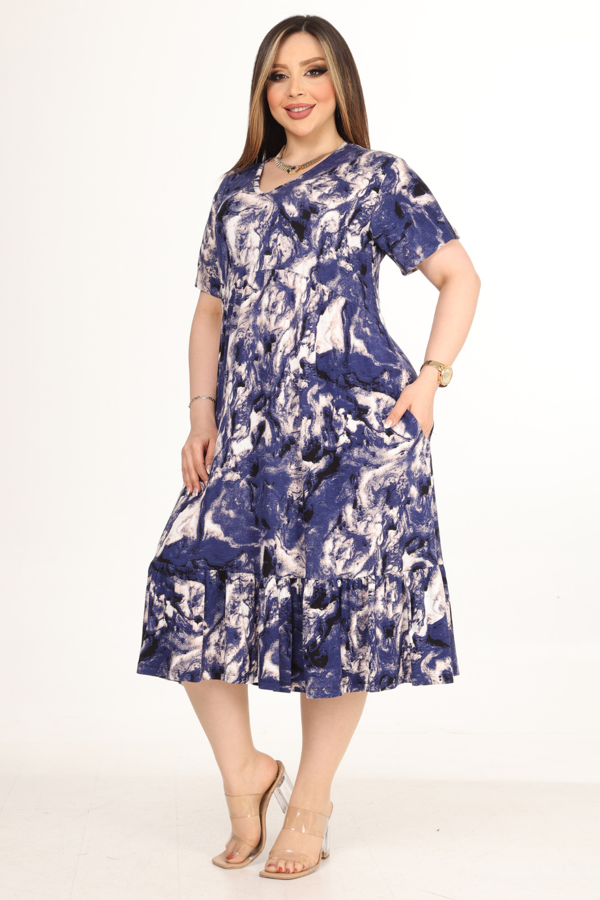Melsay Butik Göğüsten Robalı V Yaka Kısa Kollu Mavi Batik Desenli Cepli Elbise - Image 1