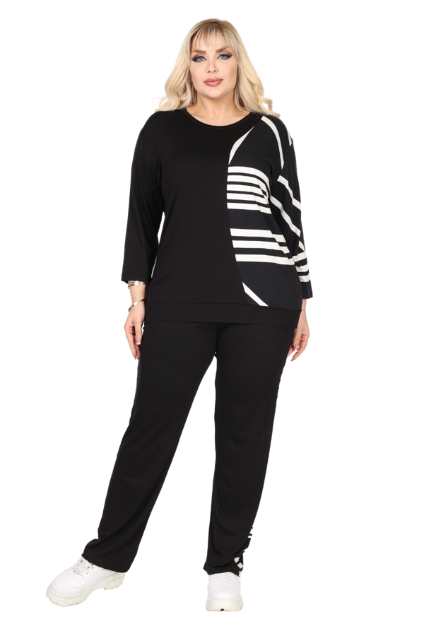 Melsay Butik Siyah Truvakar Kol Yarım Çizgi Garnili Viskon Büyük Beden Takım - Image 1