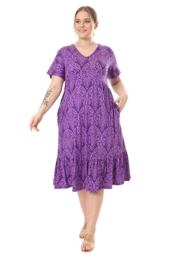 Melsay Butik Göğüsten Robalı V Yaka Kısa Kollu Mor Dantel Desenli Cepli Elbise - Image 1