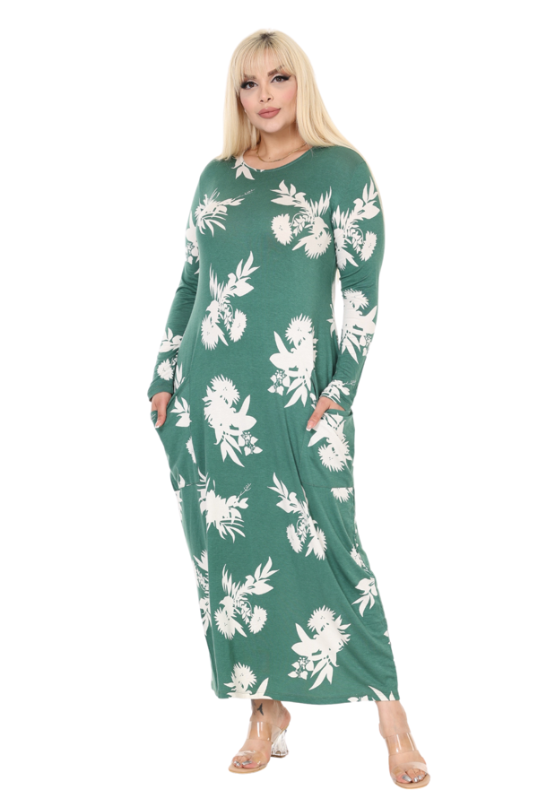 Melsay Butik Yeşil Beyaz Yaprak Desen Uzun Kollu Cepli Uzun Elbise - Image 1