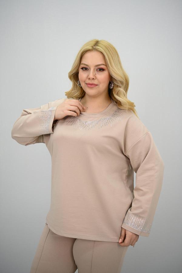 Kadın Büyük Beden Taş Baskı Detaylı Yüksek Bel Eşofman Takımı 8175-25 - Image 1