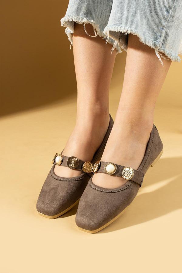 Pembe Potin İnci Detaylı Tek Bantlı Rahat Taban Kadın Babet 81-160-25Süet - Image 1