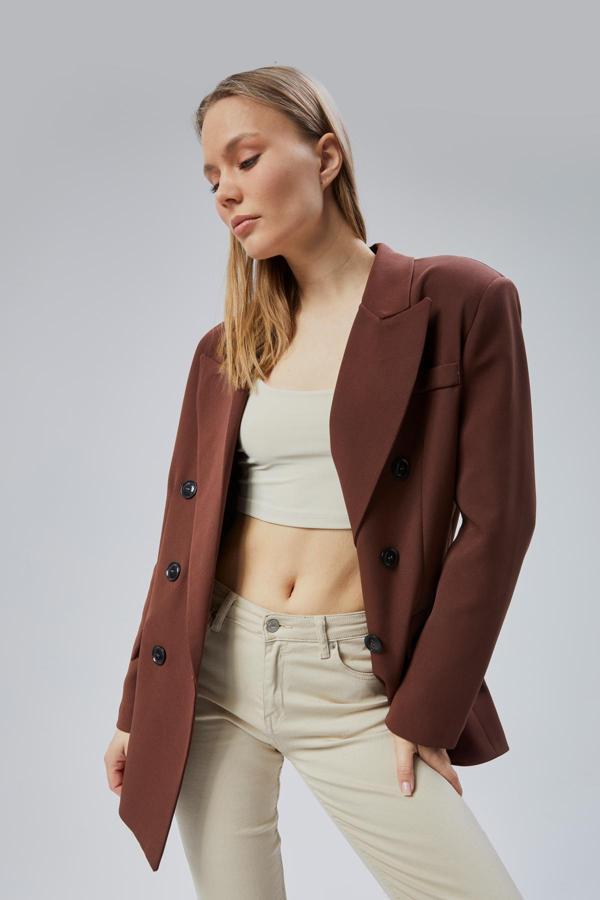 Acı Kahve Oversize Kruvaze Yaka Astarlı Blazer Ceket - Image 1
