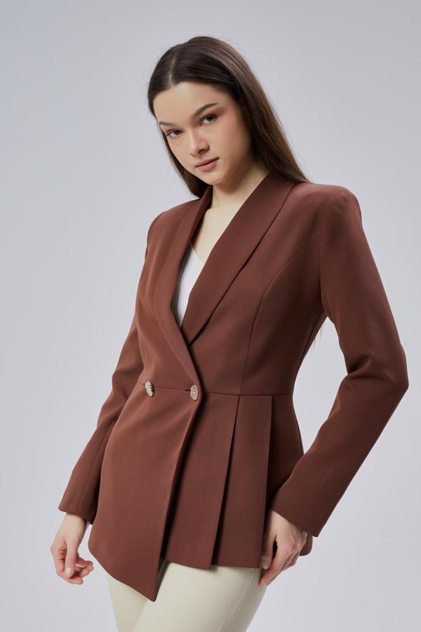 Kahverengi Regular Fit Pile Detaylı Blazer Ceket - Image 1