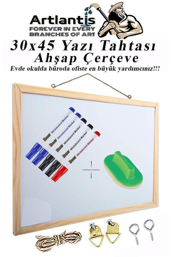 Duvara Monte Beyaz Yazı Tahtası 30x45 cm 1 Adet Yazı Tahta kalemi ve Silgisi Laminant Yazı Tahtası Ahşap Çerçeveli Askıl - Image 1