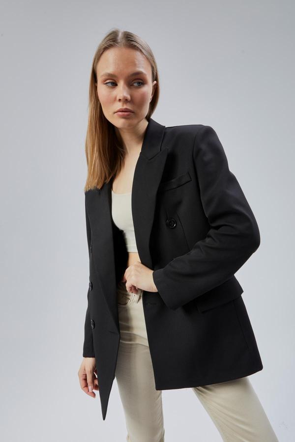 Siyah Oversize Kruvaze Yaka Astarlı Blazer Ceket - Image 1