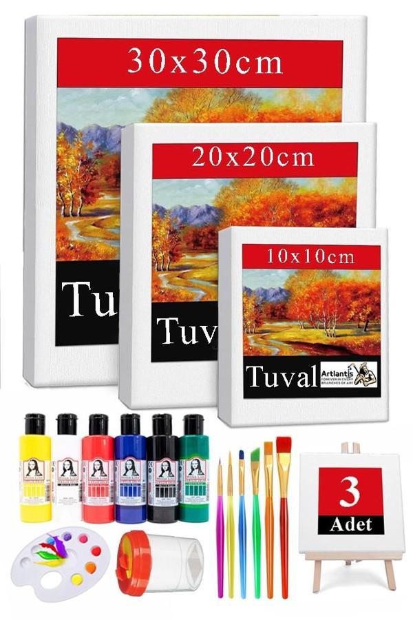 Kare Tuval 3 Adet 10x10 20x20 30x30 cm Boş Tuval Tablo 6 lı Akrilik Boya Fırça Palet Resim Tuvali Akrilik Yağlı Boya - Image 1