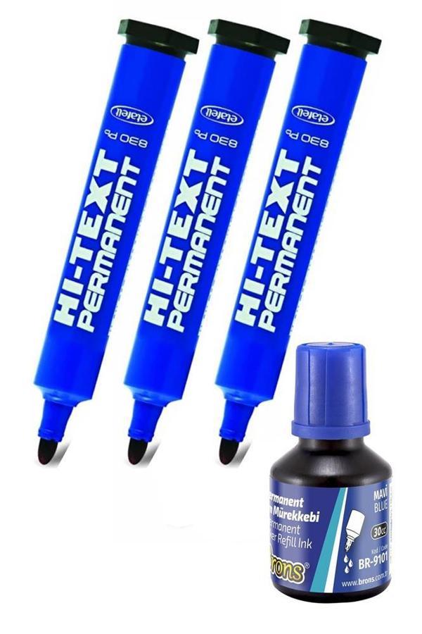 Mavi Yuvarlak Uçlu Markör Permanent Kalem 3 Adet Hı-Text Marker Mürekkep Mavi 30 Ml 1 Adet Brons Koli Kalemi - Image 1