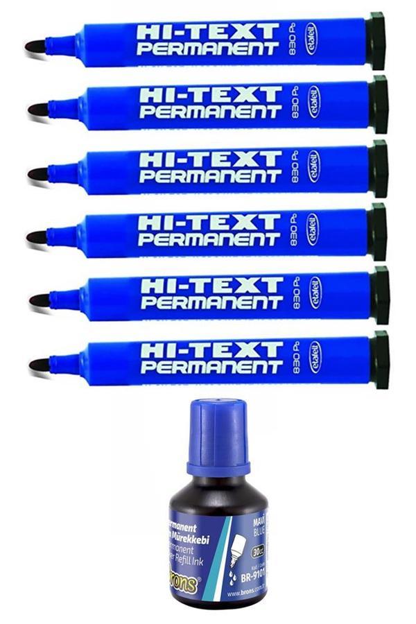 Mavi Yuvarlak Uçlu Markör Permanent Kalem 6 Adet Hı-Text Marker Mürekkep Mavi 30 Ml 1 Adet Brons Koli Kalemi - Image 1