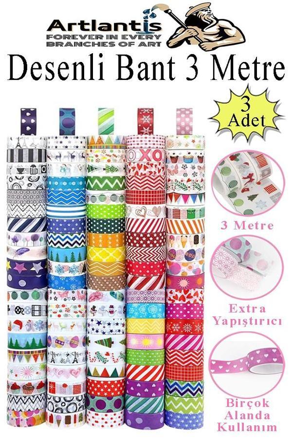 Renkli Desenli Bant 3 Adet 18mm x 3 Metre Dekoratif Desenli Bant Farklı Renklerde Gönderim Yapılmaktadır Desenli - Image 1