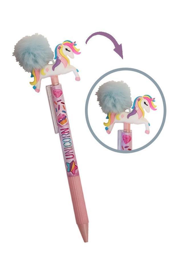 Unicorn Ponponlu Versatil Kalem 1 Adet Tek Boynuzlu Pompom 0,7 Uçlu Kalem Hediye Kalem Figürlü Sevimli Kalem - Image 1