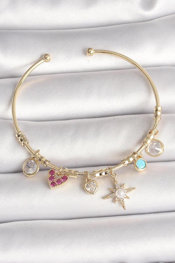 Pirinç Gold Renk Zirkon Taşlı Sallantı Kutup Yıldız Figür İnci Detay Charm Kadın Bileklik - TJ-BB6887 - Image 1