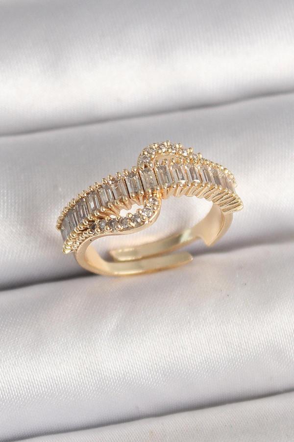 Pirinç Gold Renk Su Yolu Zirkon Taşlı Ayarlanabilir Model Kadın Yüzük - TJ-BYK3691 - Image 1