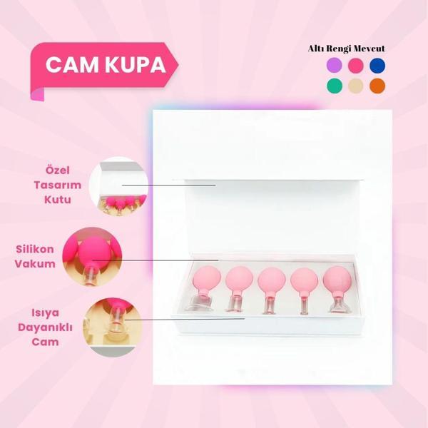 Silikon Vakumlu Cam Yüz Masaj Kupası 5'li Set Pembe - Image 1