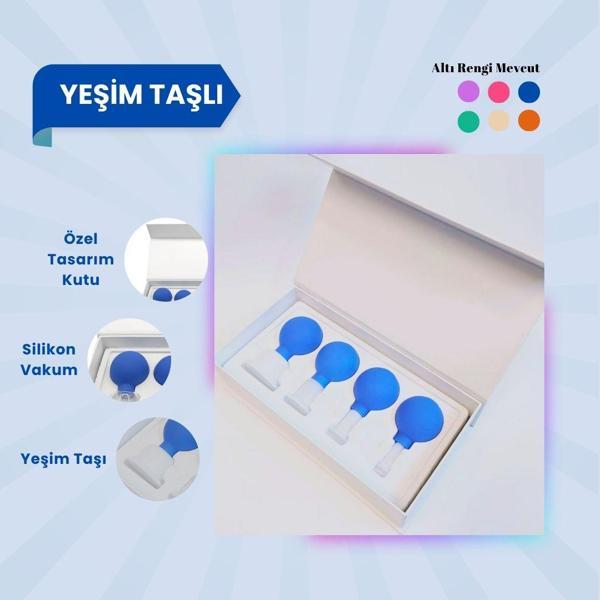 Silikon Vakumlu Yeşim Taşlı Yüz Masaj Kupası 4'lü Set (Jade) Mavi - Image 1