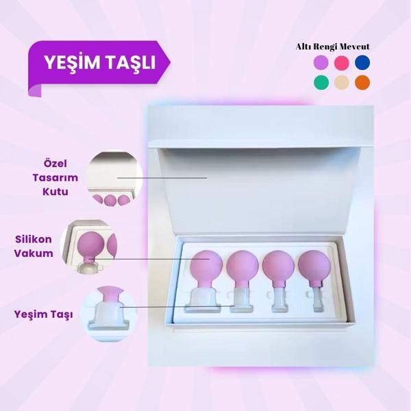 Silikon Vakumlu Yeşim Taşlı Yüz Masaj Kupası 4'lü Set (Jade) Mor - Image 1