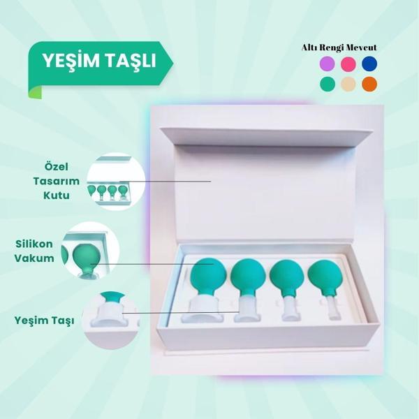 Silikon Vakumlu Yeşim Taşlı Yüz Masaj Kupası 4'lü Set (Jade) Yeşil - Image 1