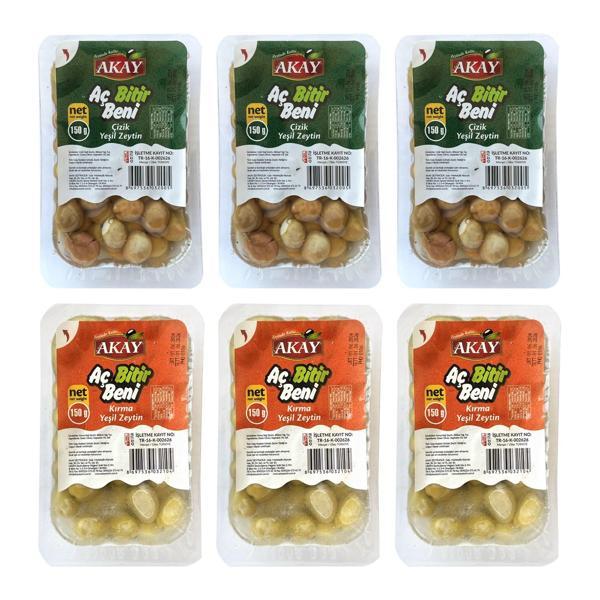 Akay Yeşil Zeytin Kırma ve Çizik Aç Bitir 150 gr 6 lı Karma Paket - Image 1