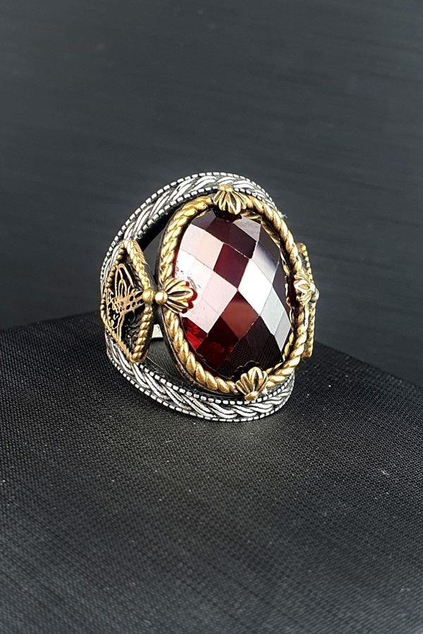 Faset Kesim kırmızı Zirkon Taşlı 925ayar Gümüş Tuğra Detaylı Erkek Yüzük - Image 1