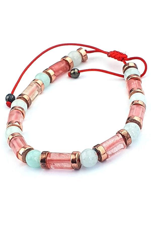 Pembe kuvars ve Aquamarin Taşlı Doğal Taş Bileklik  - Image 1