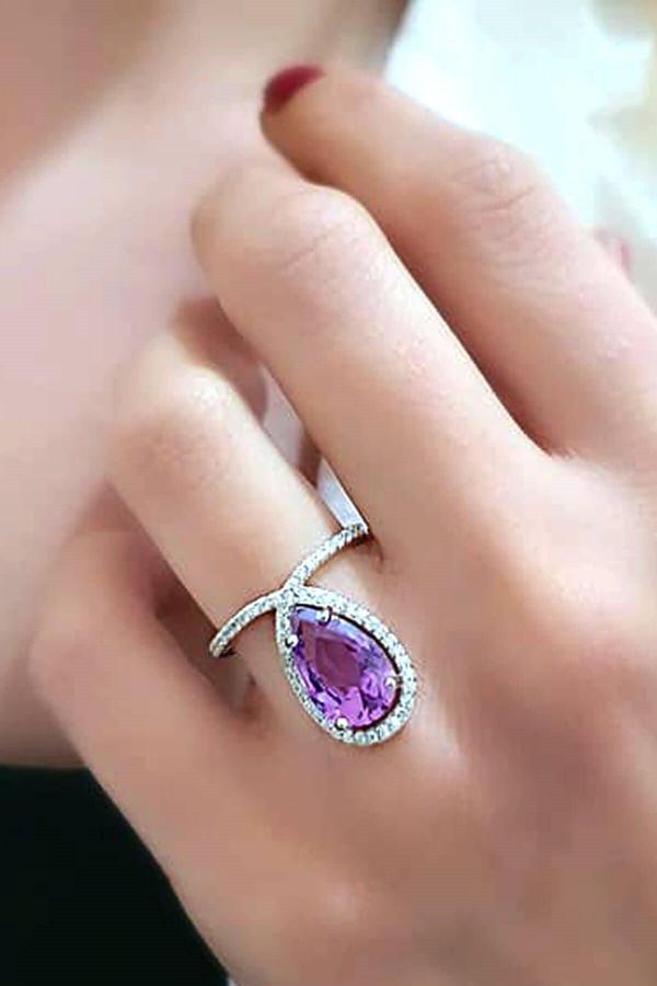 Sky diamond taş detaylı aleksandrit taşlı gümüş lüks yüzük - Image 1