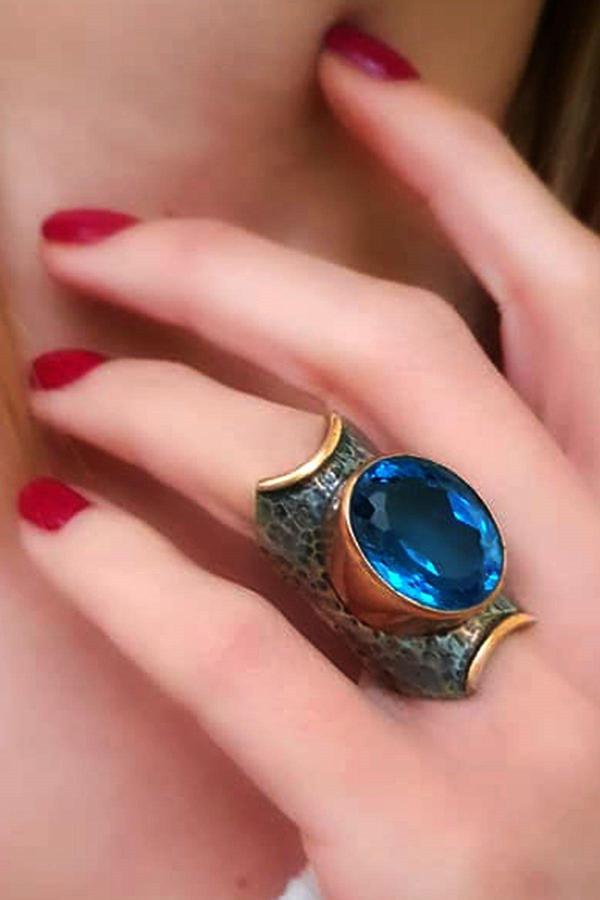 Aquamarin taşlı el işi tasarım gümüş yüzük - Image 1