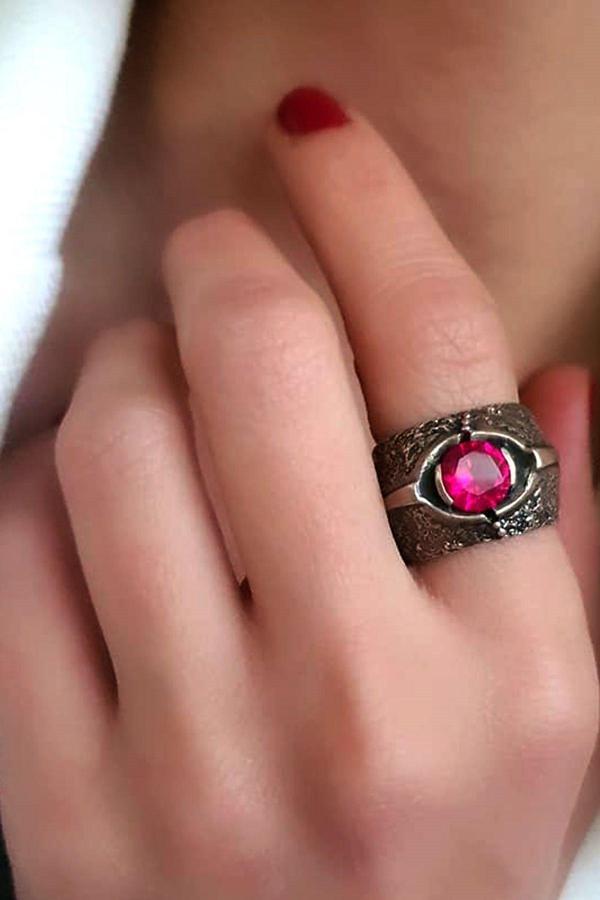 Pembe zirkon taşlı el işi tasarım gümüş yüzük  - Image 1