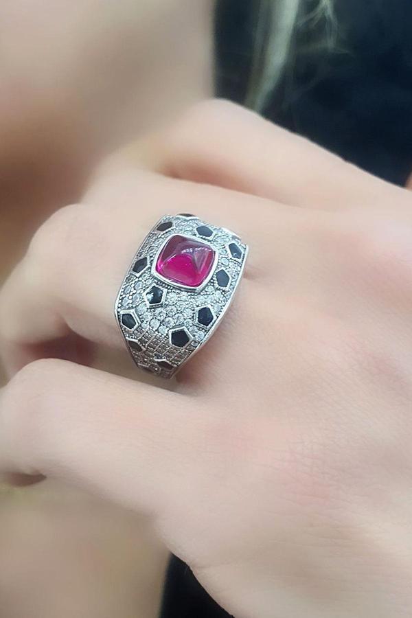 Fuşya Pembe Zirkon Taşlı 925 ayar Gümüş Exclusive Yüzük - Image 1