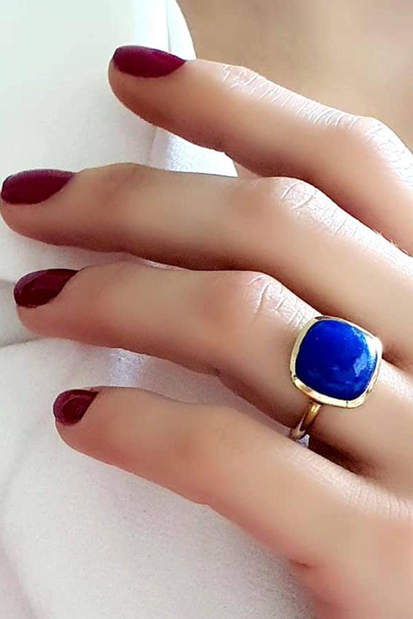 Lapis taşlı gümüş tasarım altın kaplama yüzük - Image 1