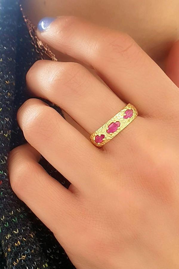 Pembe Turmalin Taşlı 925ayar Gümüş üzerine Altın kaplama tasarım Doğal Taş Yüzük - Image 1