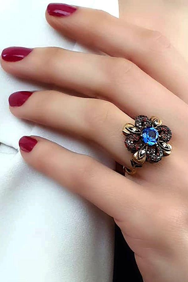Granat aquamarin taşlı gümüş rose yüzük  - Image 1