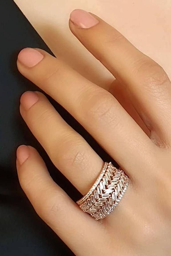 baget kesim zirkon taşlı 925 ayar gümüş rose lüks yüzük - Image 1